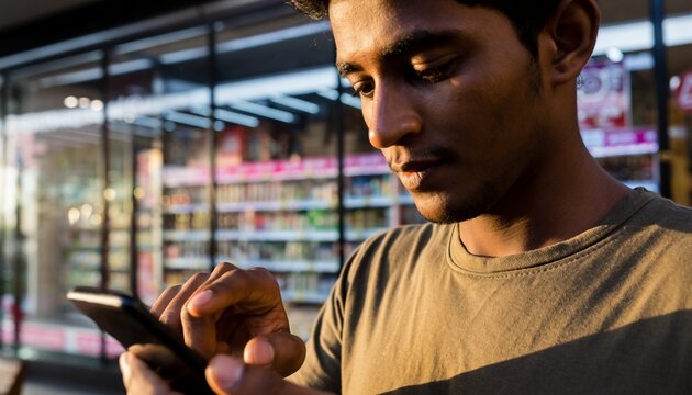 Close-up of a portrait of a young Asian man touching the screen with his smartphone in a bright modern convenience store.