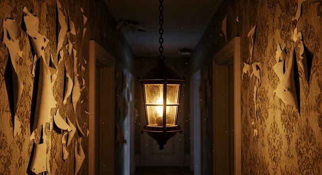 Eerie glow of an antique lantern illuminates peeling wallpaper in a spooky hallway, perfect for Halloween or horror themed designs or dark interior concepts