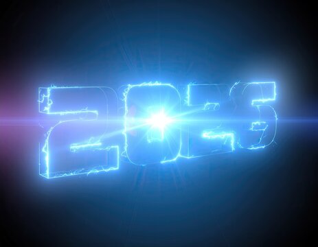 Glowing 2023 text. Sparkly light bursts. Blue hue
