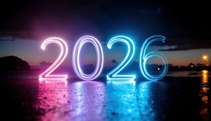 Glowing "2026" year on wet ground at twilight