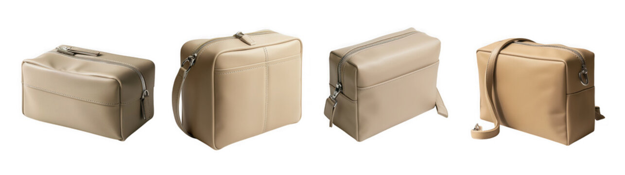 Four different views of a beige rectangular travel bag or case, showcasing various angles and details, isolated on transparent background