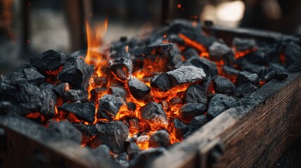 Glowing embers burn brightly in a wooden forge providing heat for metalworking activities. Craftsmen prepare to shape metal in a traditional workshop setting.