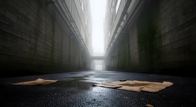 Eerie atmospheric urban alley with fog and damp pavement creates a sense of mystery and isolation, perfect for suspenseful storytelling or gritty cityscapes