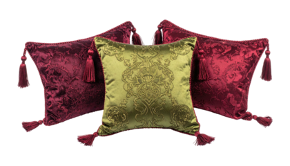 Lush pillows two red, one gold, with tassels