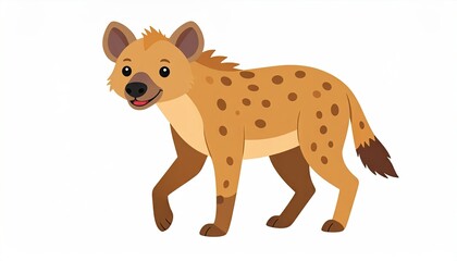 Cartoon Hyena Character with Brown Spotted Coat and Dark Brown Mane Walking on a White Background