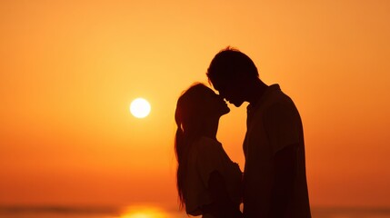 A couple embraces each other with love while sharing a kiss against a stunning sunset at the beach. The warm colors of the sky create a perfect romantic atmosphere.