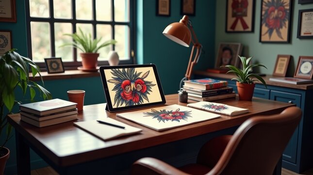 Artist s creative workspace with digital tablet and colorful artwork - Powered by Adobe