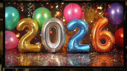 Virtual and Digital New Year Eve Gatherings, metallic 2026 balloon display with vibrant party backdrop, confetti, and colorful decor highlighting festive digital countdowns, virtual celebration visual