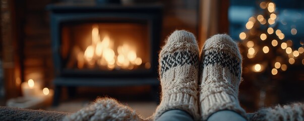 Virtual New Year Eve Gatherings, peaceful indoor retreat with warm wool socks near glowing fireplace, soft holiday lighting and rustic ambiance capturing self-care, digital calm, and seasonal