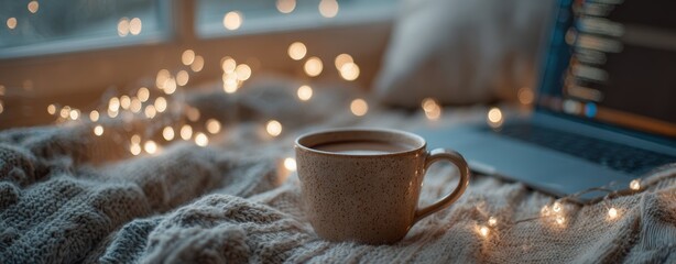 Virtual and Digital New Year Eve Gatherings, cozy holiday scene with soft blanket, glowing string lights, and coffee beside laptop, highlighting peaceful seasonal rituals and remote digital connection