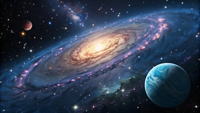 Stunning spiral galaxy and exoplanets in vast cosmic outer space