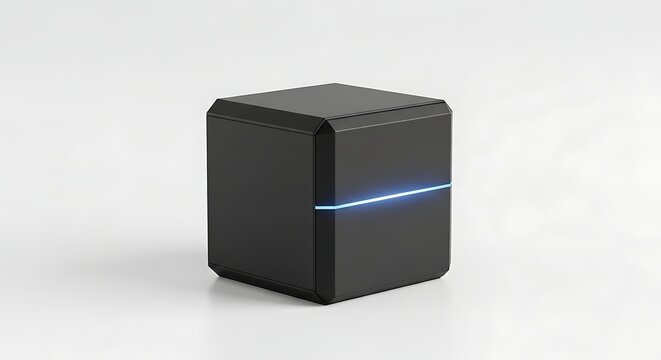 Modern black tech cube with glowing blue light line for data storage or ai.