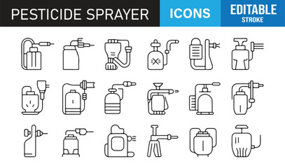 Modern Outline Pesticide Sprayer Icon Pack Showing Farming Spray Devices, Chemical Application Tools, Pressure Units, and Nozzle Designs