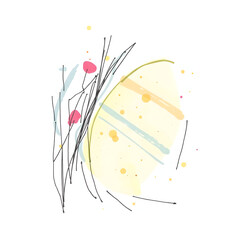 This is an abstract, minimalist illustration characterized by a delicate balance of thin lines and soft color washes. Curved, almost calligraphic black lines intersect and flow across the composition,