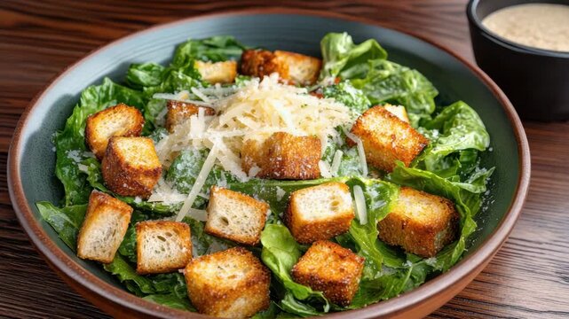 Crisp romaine salad with golden crouton cubes, grated cheese and creamy dressing salad bowl lettuce