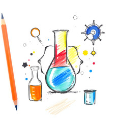 This image is a playful, hand-drawn style illustration combining elements of art and science. On the left, a large orange pencil stands upright, leading the eye towards a collection of colorful scient