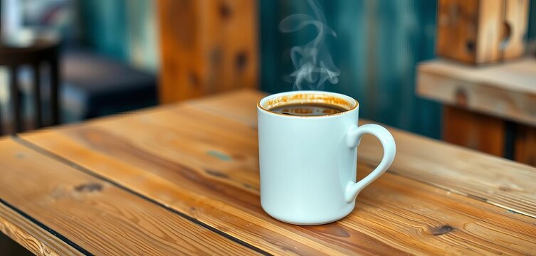 A porcelain mug of steaming coffee sits on a rustic wooden table, rustic, tea