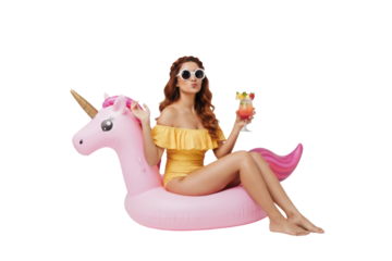 Glamorous girl on unicorn floatie enjoying cocktail, cutout isolated on transparent background