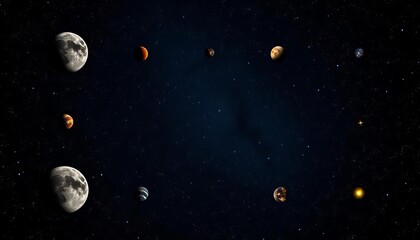 Naklejka premium Celestial bodies arranged in a precise grid against a dark, star-filled backdrop, cosmic, stars