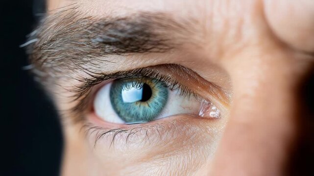 Blue green eye closeup detailed iris pupil eyelash eyebrow with natural skin texture and reflective