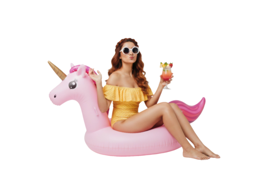Glamorous girl on unicorn floatie enjoying cocktail, cutout isolated on transparent background