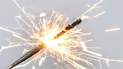 Close up of a lit sparkler casting bright golden fireworks against a muted gray background for.