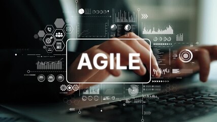 Businessman Typing on Laptop with Agile Concept and Digital Data Visualization in Modern Office Environment. Asymptotic smart data analytic.