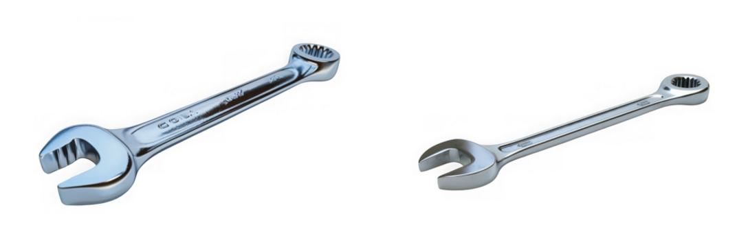 Closeup of two different sized chromeplated wrenches, commonly used for tightening and loosening nuts and bolts, isolated on transparent background