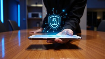 Hand holding tablet with digital security lock