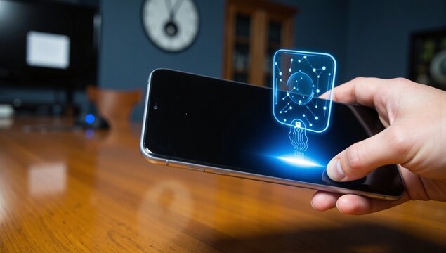 Smartphone displaying cyber security shield protection hologram - Powered by Adobe