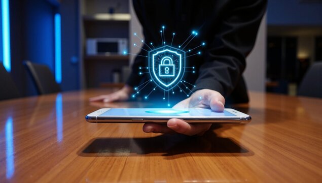 Hand holding tablet with digital security lock