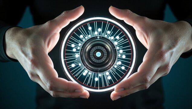 Hands holding futuristic digital eye technology interface