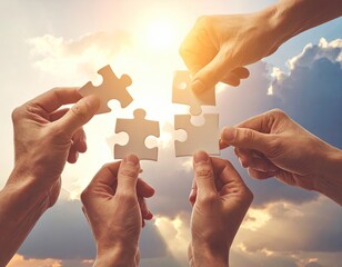 Jigsaw pieces held; teamwork against sunset sky