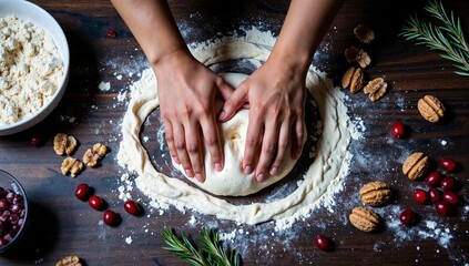 Female hands kneading dough on wooden table
