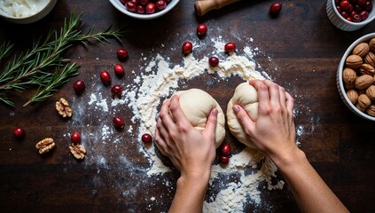 Hands kneading dough with flour and cranberries