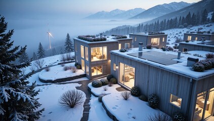 Modern luxury house exterior in winter mountains