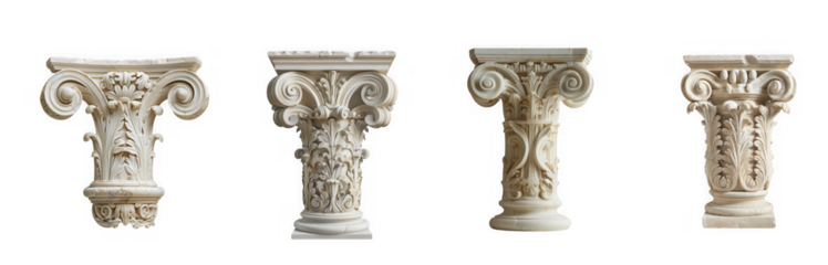 Four ornate classical column capitals with intricate carvings, showcasing ancient architectural details, isolated on transparent background