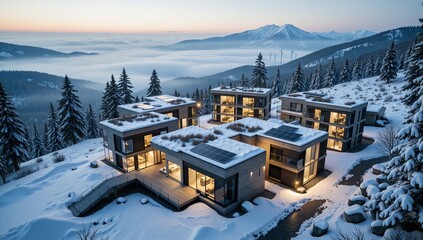 Aerial view of modern houses in winter