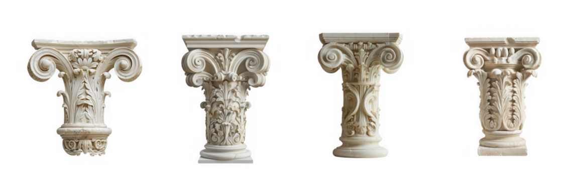 Four ornate classical column capitals with intricate carvings, showcasing ancient architectural details, isolated on transparent background