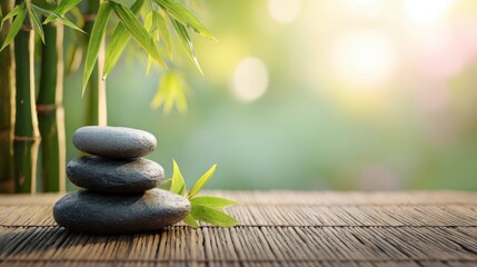 Three smooth stones are stacked carefully on a bamboo surface surrounded by green bamboo leaves. Soft sunlight filters through creating a calm atmosphere ideal for relaxation.