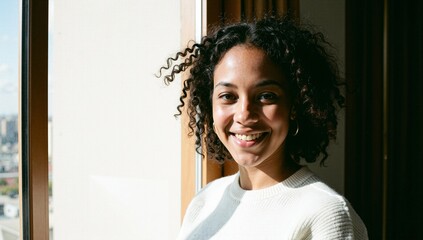 Beautiful black girl smiling in bright sunlight