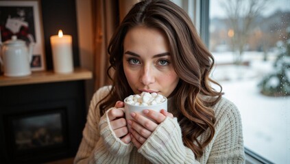 Girl holding hot chocolate mug with marshmallows