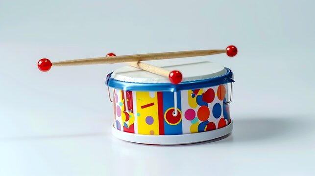 Small colorful children's toy drum with two drumsticks resting on top isolated on white.