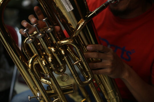 Close up Musician Playing Euphonium Brass Instrument