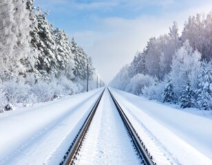 Winter railway tracks through snow-covered forest