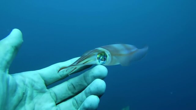 Hand gently holds small squid underwater, the clear blue ocean forms a clean backdrop for education