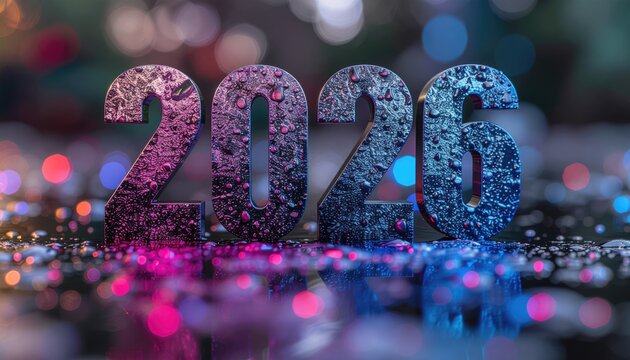 Metallic "2026" reflects colorful bokeh on dark surface