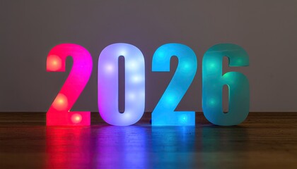 Lit 2026 numerals pink, white, blue hues on wood