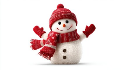 Fototapeta premium A snowman stands proudly with a joyful expression dressed in a bright red hat and matching scarf. The snowman is complete with button details and raised arms bringing winter cheer.