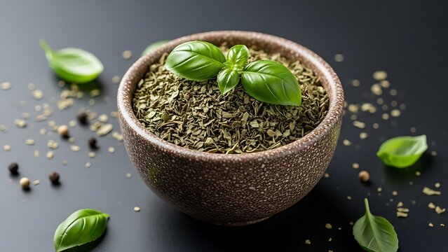 Rustic bowl filled with dried basil leaves, garnished with fresh green basil sprigs, and scattered peppercorns on a dark background, highlighting the aromatic essence of culinary herbs and spices